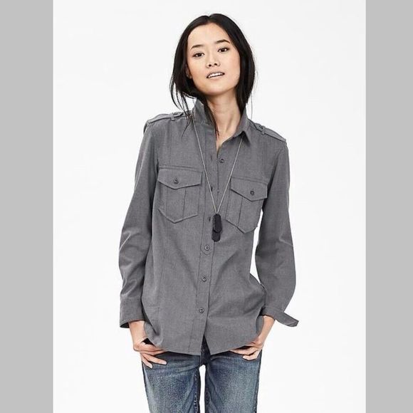 Banana Republic Heritage Flannel Military Oversized Shirt Shacket Sz Small Gray - Picture 1 of 12